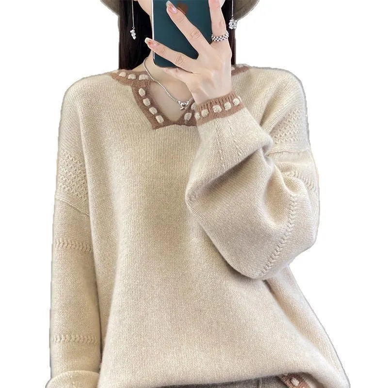 Women's camel V-neck viscose sweater with long sleeves on hanger