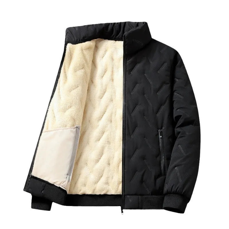 Men's Berber fleece cotton coat slim fit fleece-lined winter jacket in black, Korean style with collar