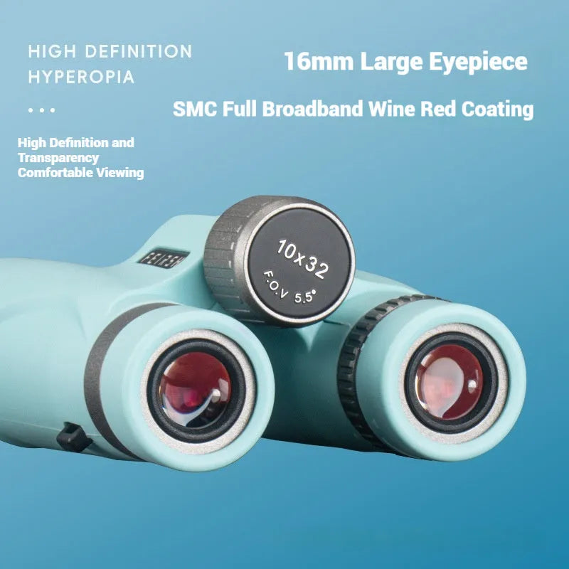 Blue and grey compact 10x32 binoculars with wine red film imaging lenses