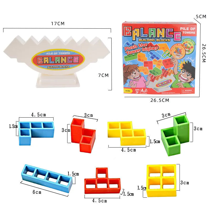 Plastic balance stacking game with 16 coloured building blocks, chassis, and base on a table