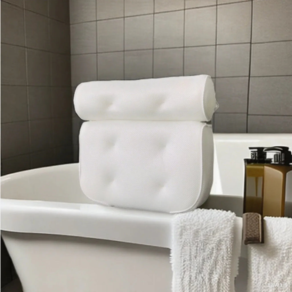 White bathtub pillow with 7 suction cups and breathable 4D mesh material