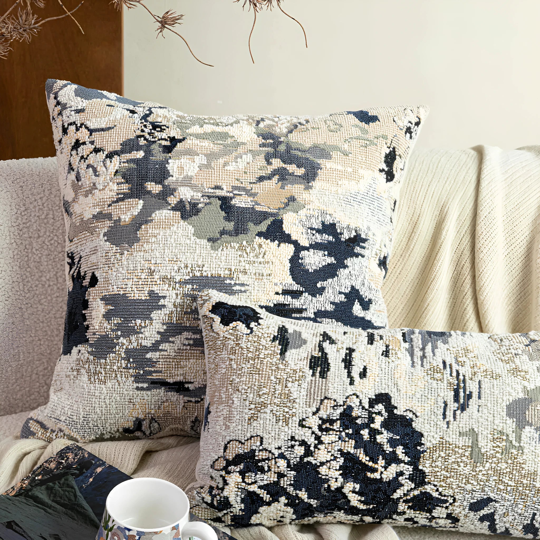 Antique blue abstract floral patterned wool blend cushion cover in square and waist pillow sizes.
