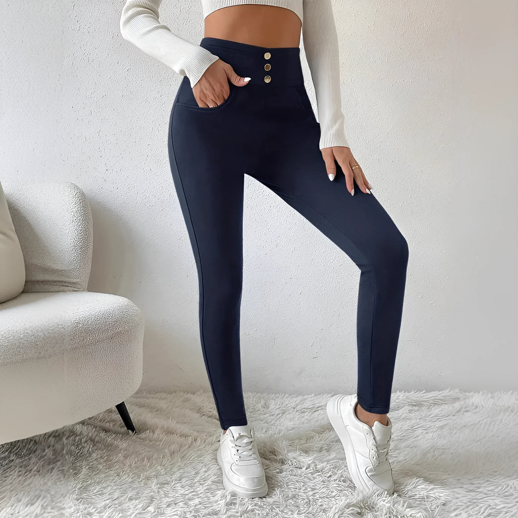 Women's navy blue high-waist slim-fit casual trousers with straight leg