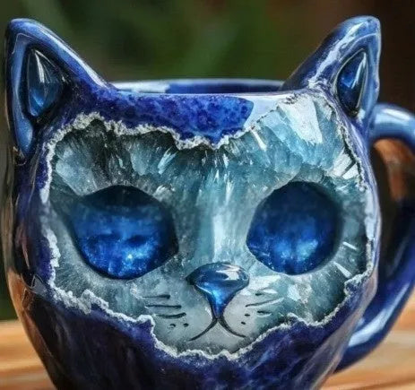 Purple resin geode mug with crystal pattern and cat decoration measuring 11cm height