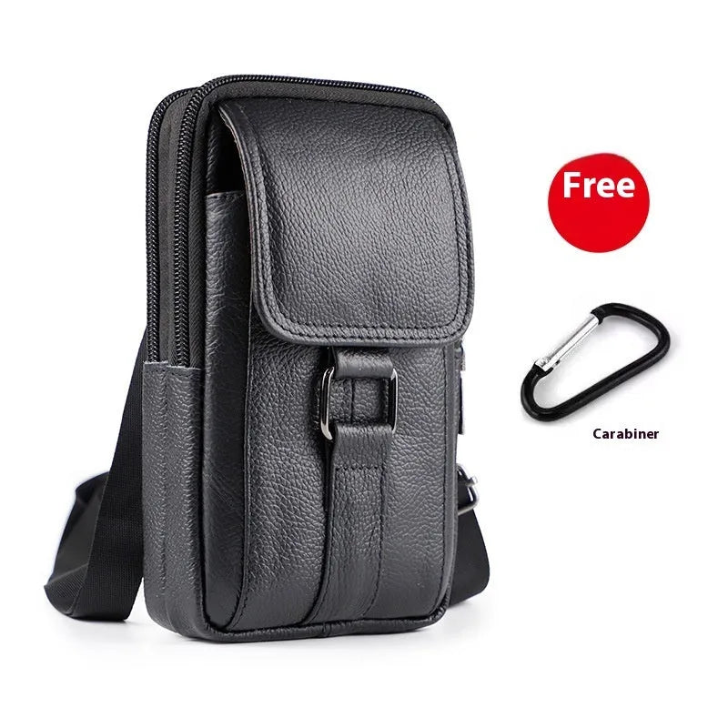 Men's black composite cowhide leather waist crossbody bag with lock fastener and coin pocket
