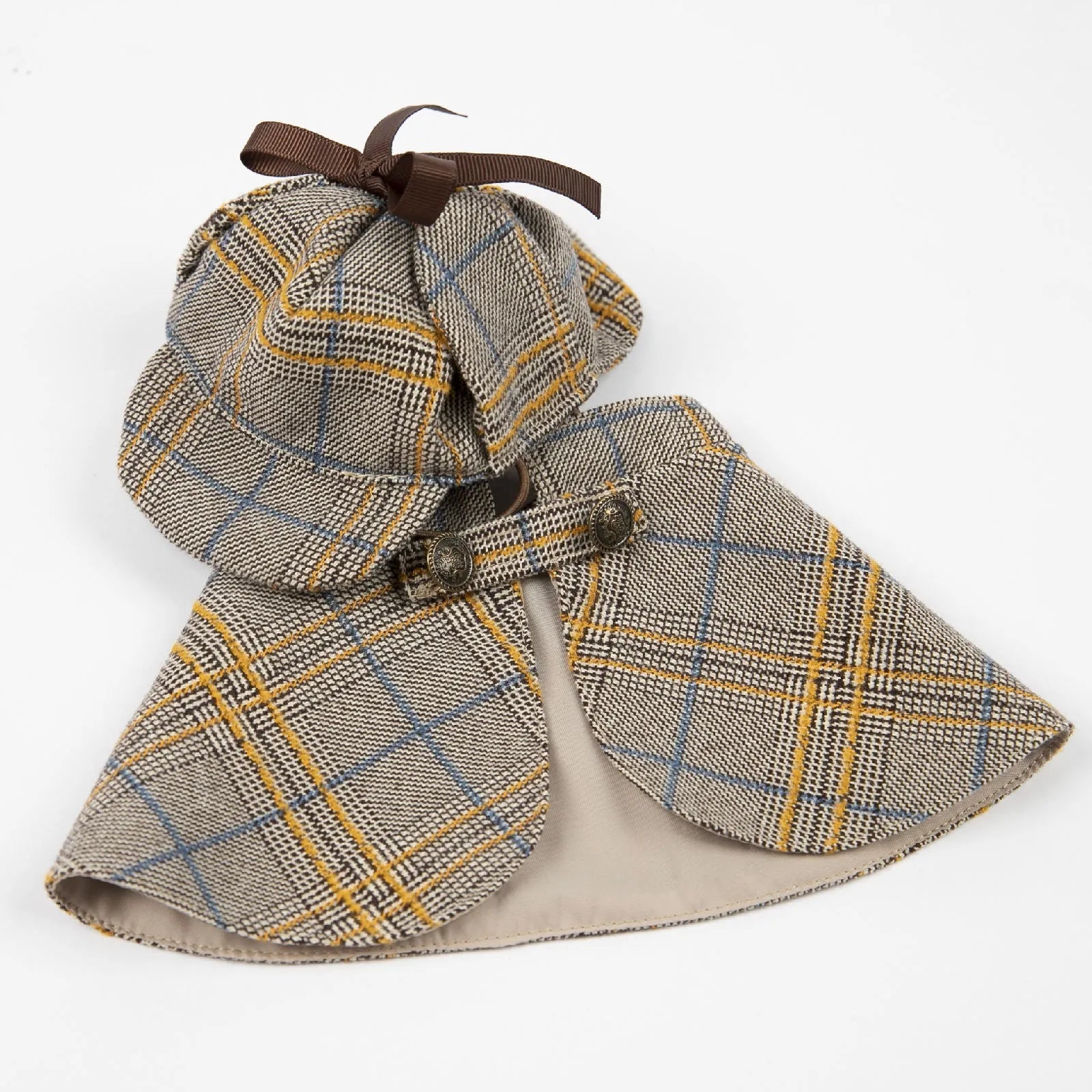 Camel-coloured detective suit style pet cloak with adjustable hat for dogs or cats