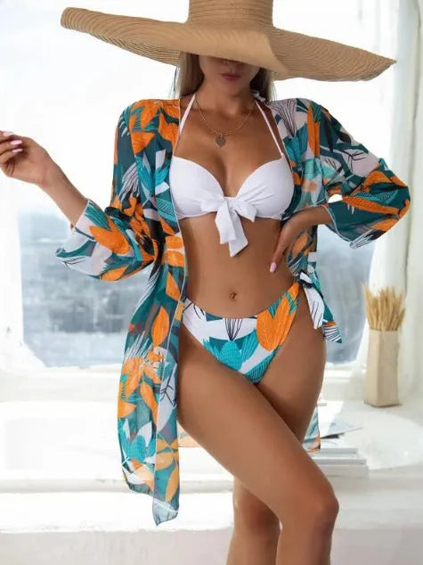Women's three-piece bikini swimsuit with mesh split panel design in quick-drying polyester fabric