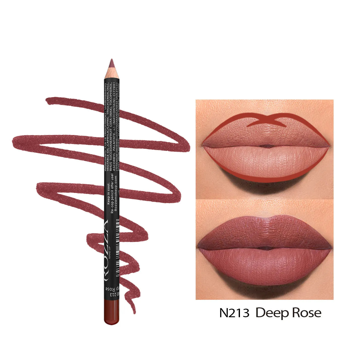 Matte finish lip liner pencil in one of 14 colour shades from 201 to 214