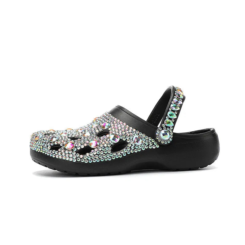 Black women's platform sandals with rhinestone hole design on the EVA upper.