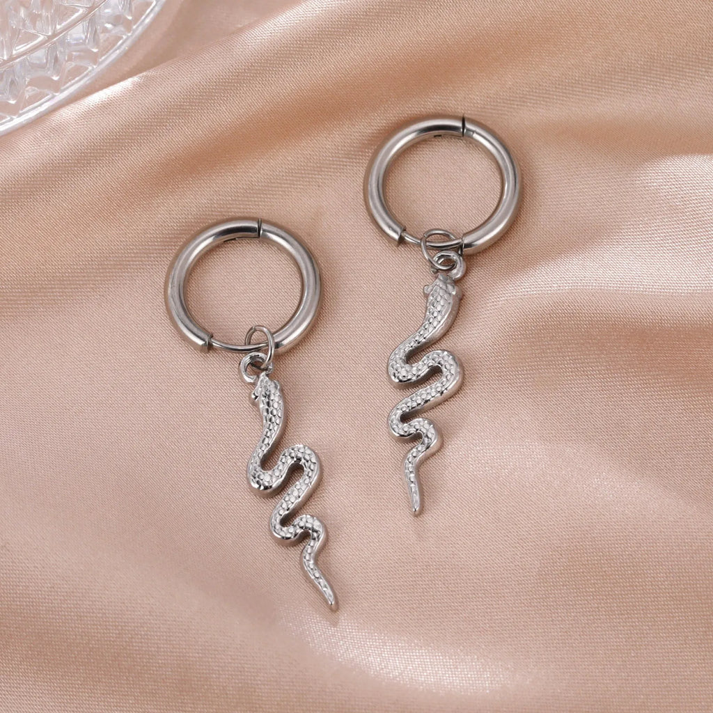 Gold plated stainless steel snake-shaped vintage clip earrings with Zodiac design