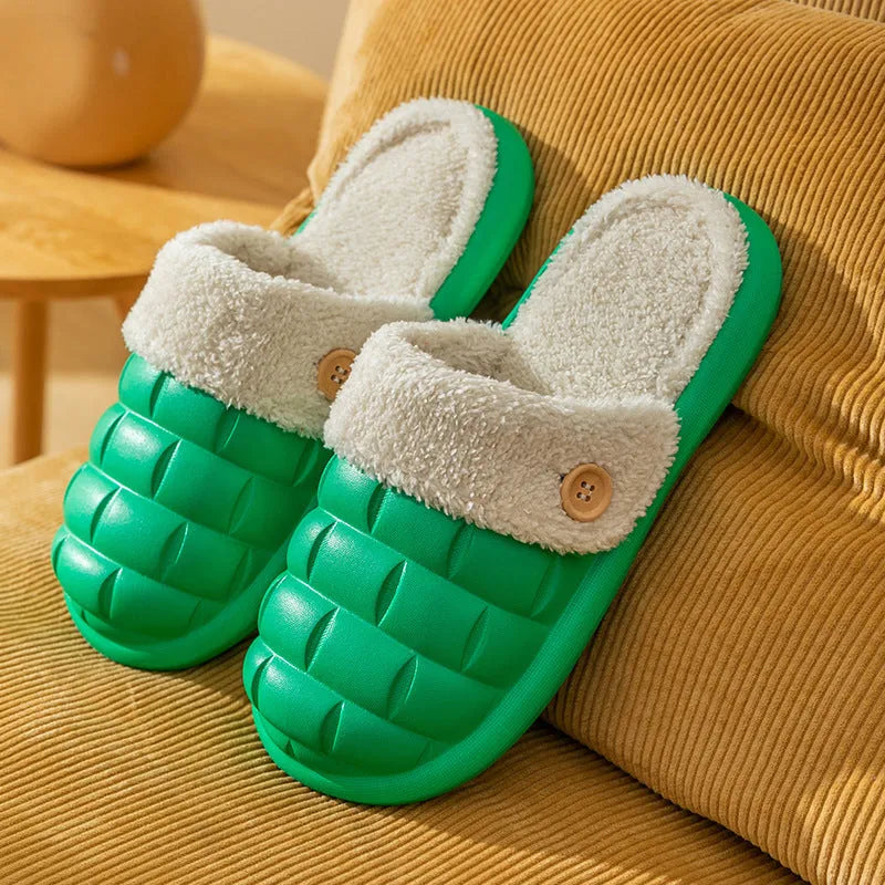 Plaid detachable slippers showing EVA construction and plush lining in pink, green, yellow, white, grey, or black.