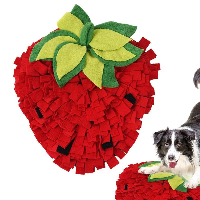 Red and green strawberry-shaped pet slow feeder mat with hiding spots for interactive feeding
