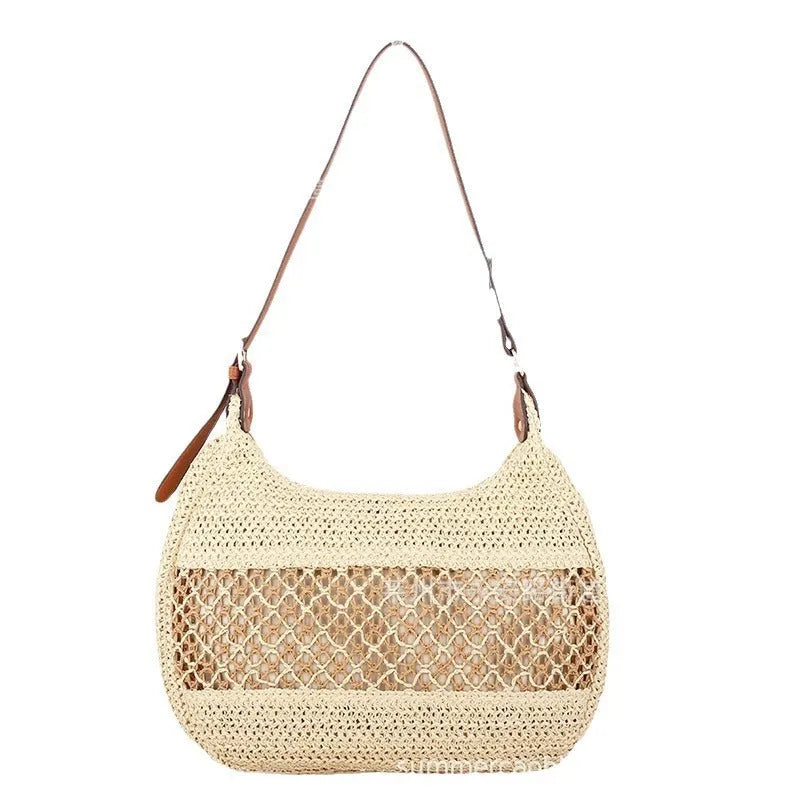 Women's straw cross body bag with sandwich pocket in khaki colour