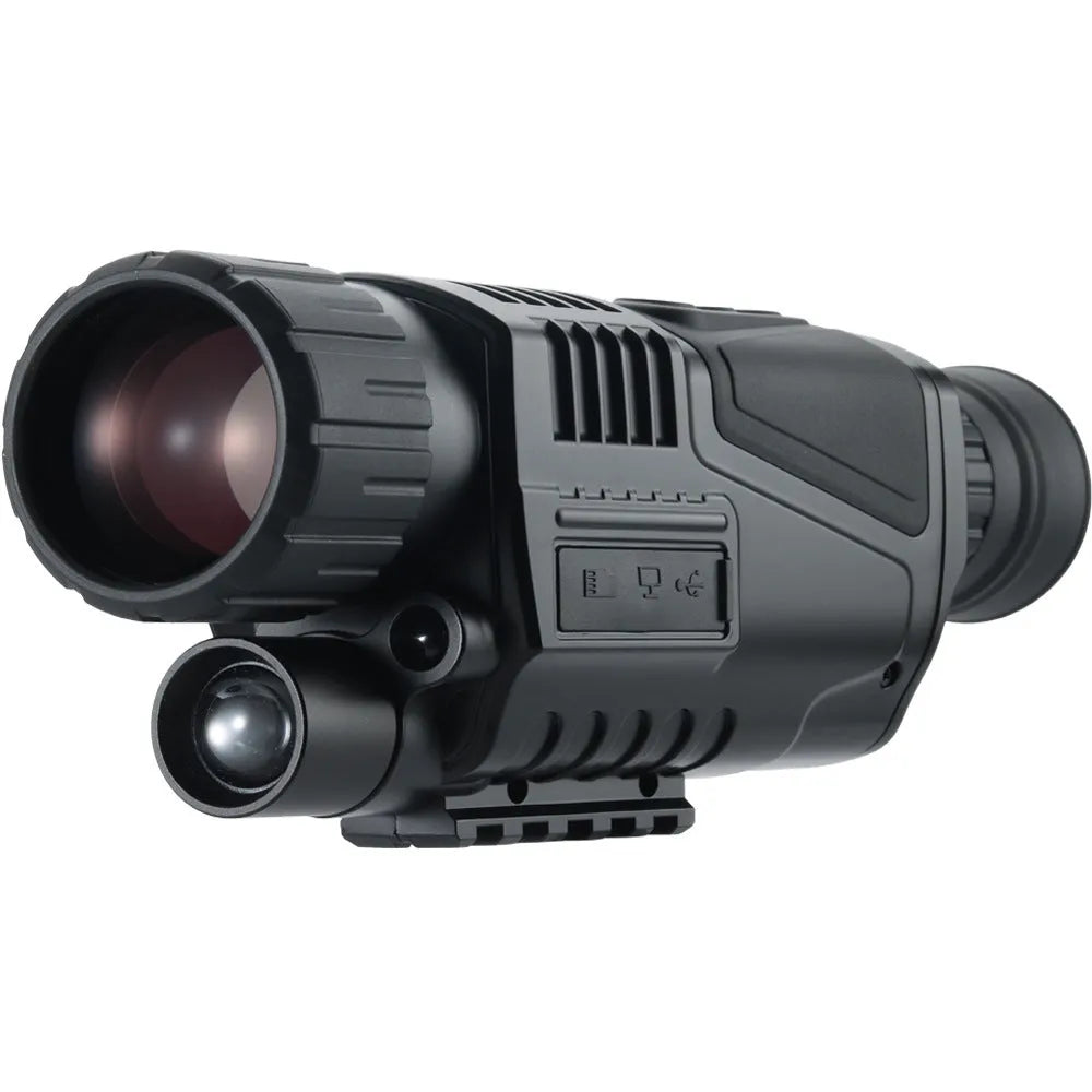 Compact black infrared digital night vision telescope with 40mm lens on a table with its storage bag and cables.