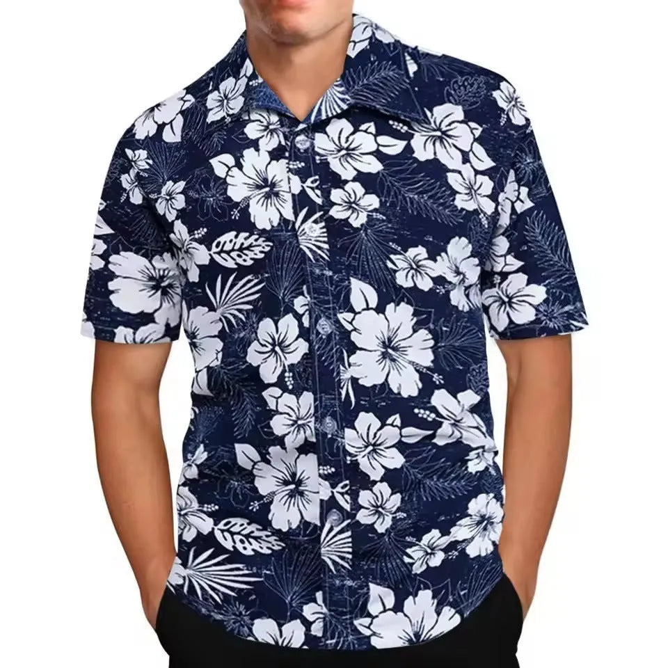 Men's loose-fit short sleeve shirt with a colourful floral pattern, shown in a casual cardigan style.