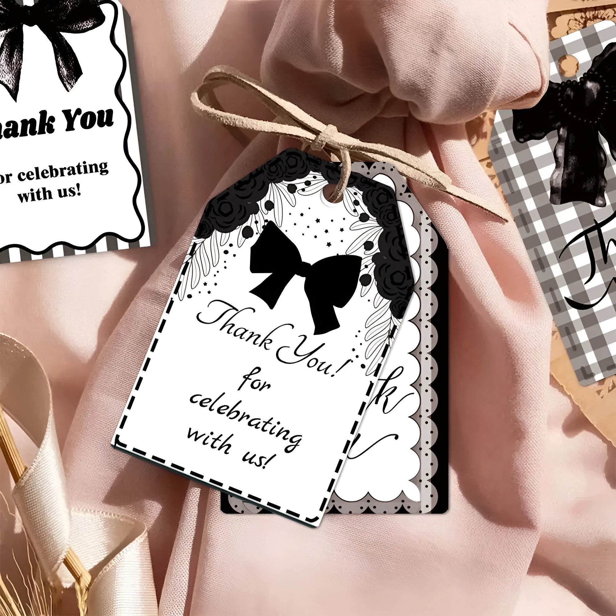 Three styles of creative bowknot paper gift tags with natural hemp rope for party decorations