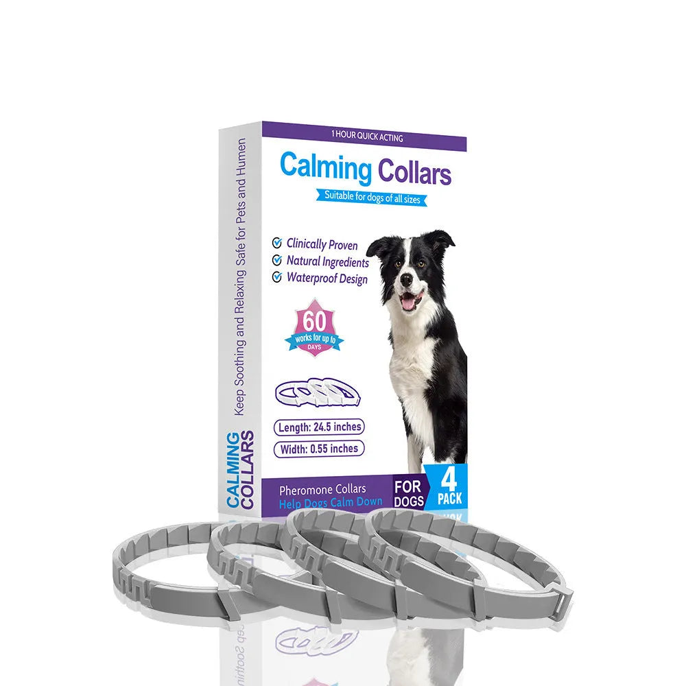Four dog anxiety relief collars in different colours with monochrome Chinese style pattern