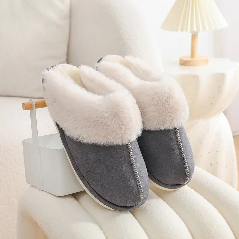 Women's plush indoor slippers with round toe, flat heel, and PVC sole in multiple colour options