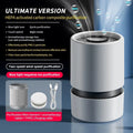 White EJ-JHQ101 desktop air purifier with USB cable on a wooden desk.