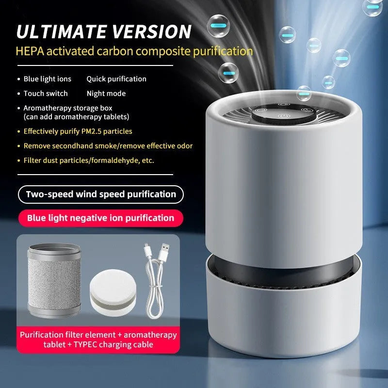 White EJ-JHQ101 desktop air purifier with USB cable on a wooden desk.