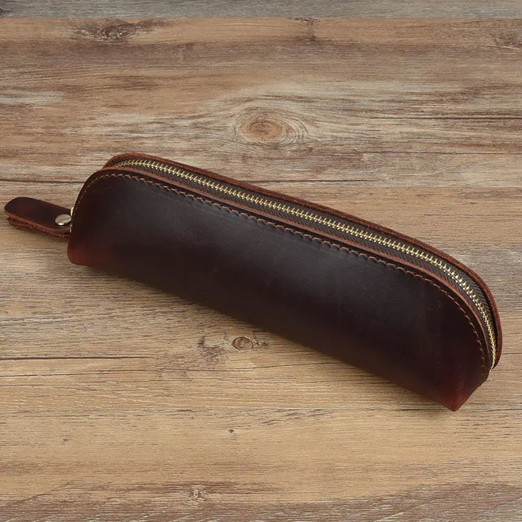 Genuine cowhide leather rectangular pencil case with zipper closure