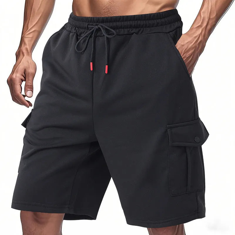 Man's loose fit multi-pocket cargo shorts in light grey heavy ring fabric.