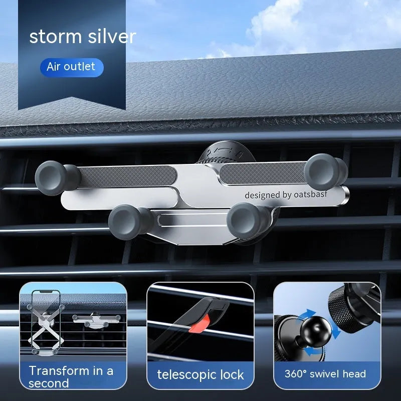 Invisible aluminum alloy car mobile phone holder showing knob air vent clip and adhesive paste mounting options.