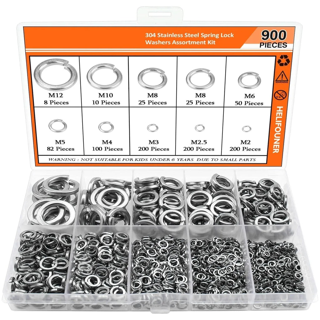 304 stainless steel spring lock washer combination box containing 900 pieces with gasket tool for M2 to M12 screw diameters