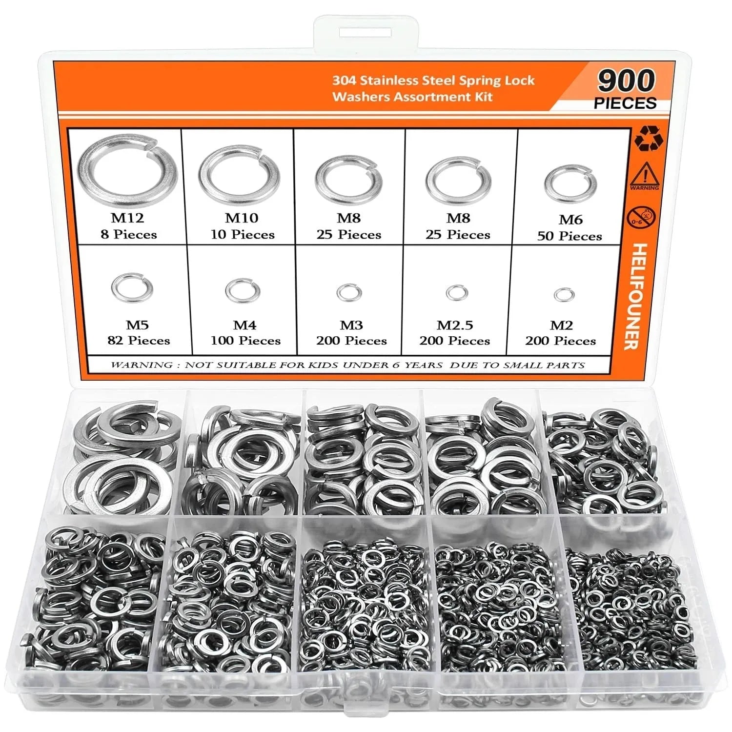 304 stainless steel spring lock washer combination box containing 900 pieces with gasket tool for M2 to M12 screw diameters