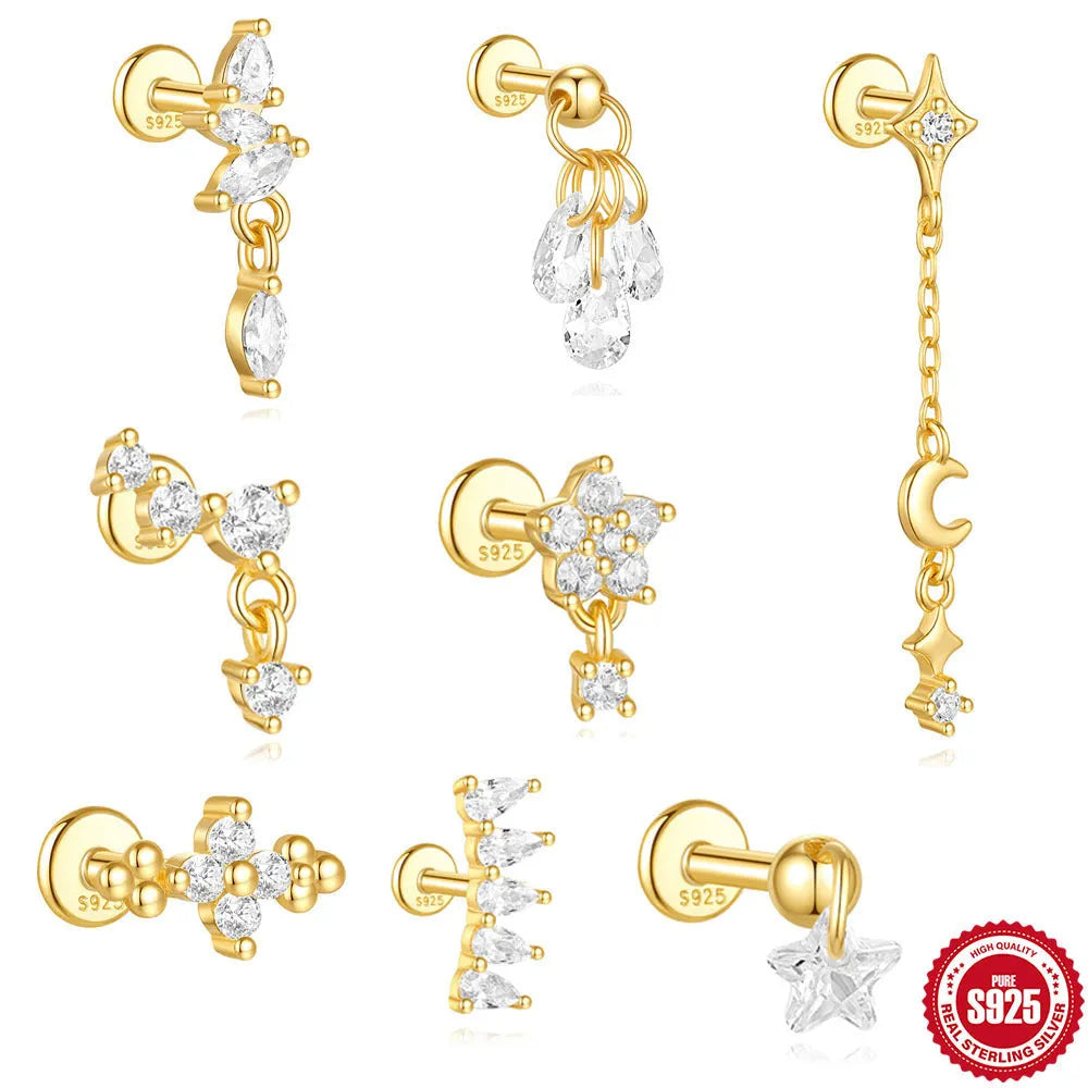S925 sterling silver geometric earrings with moon and embedded star design in gold colour