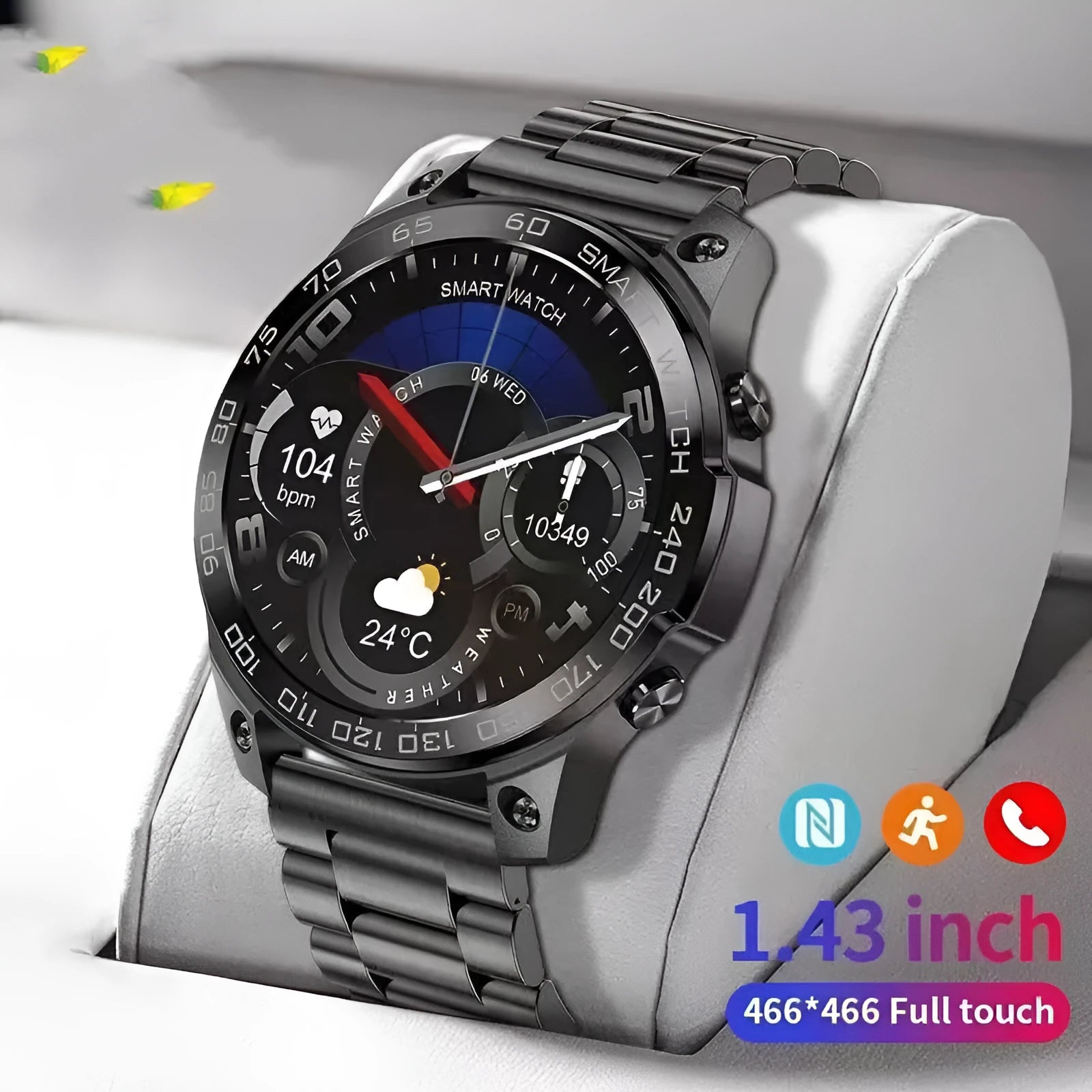 Black Bluetooth sports watch with round AMOLED screen and silicone strap on a wrist