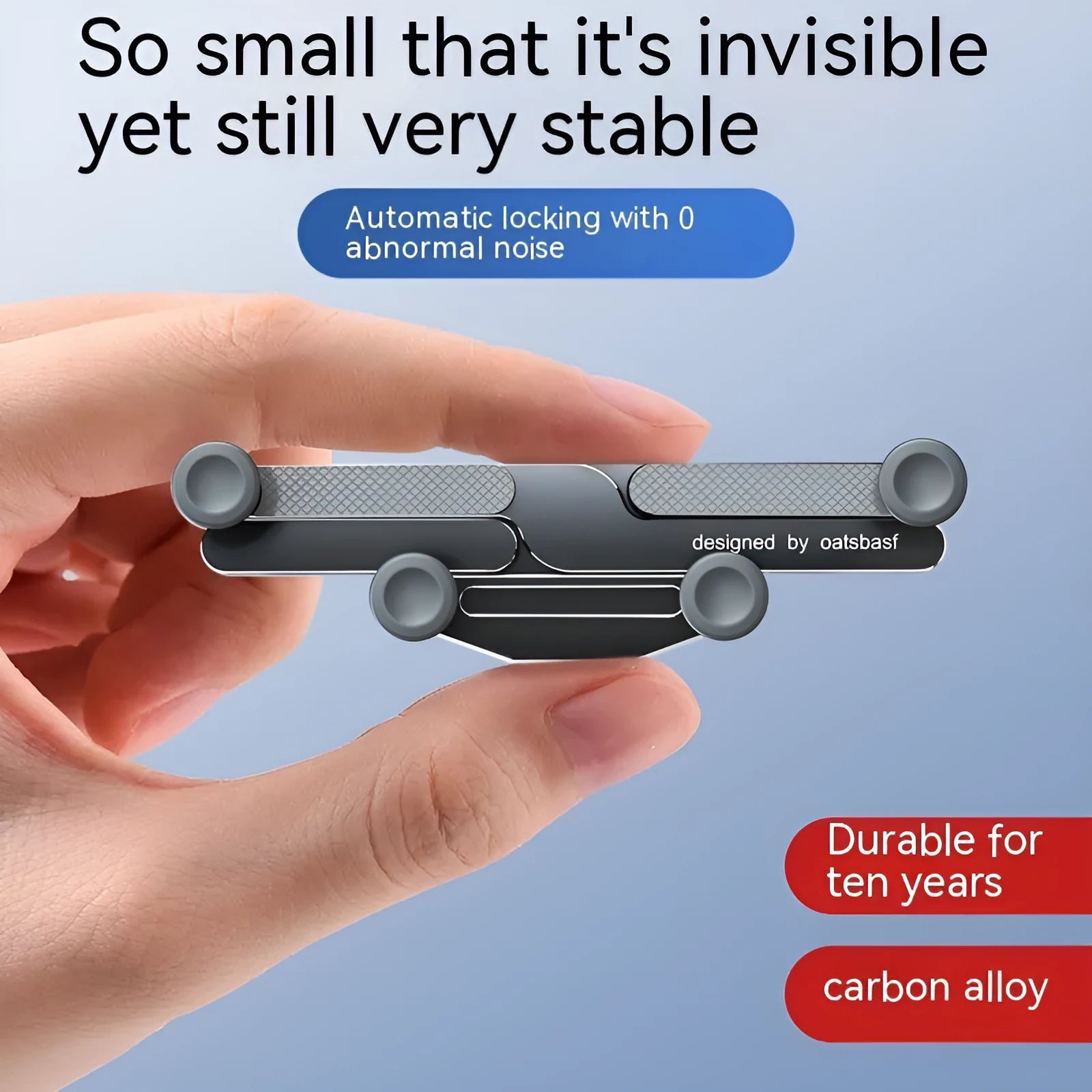 Invisible aluminum alloy car mobile phone holder showing knob air vent clip and adhesive paste mounting options.