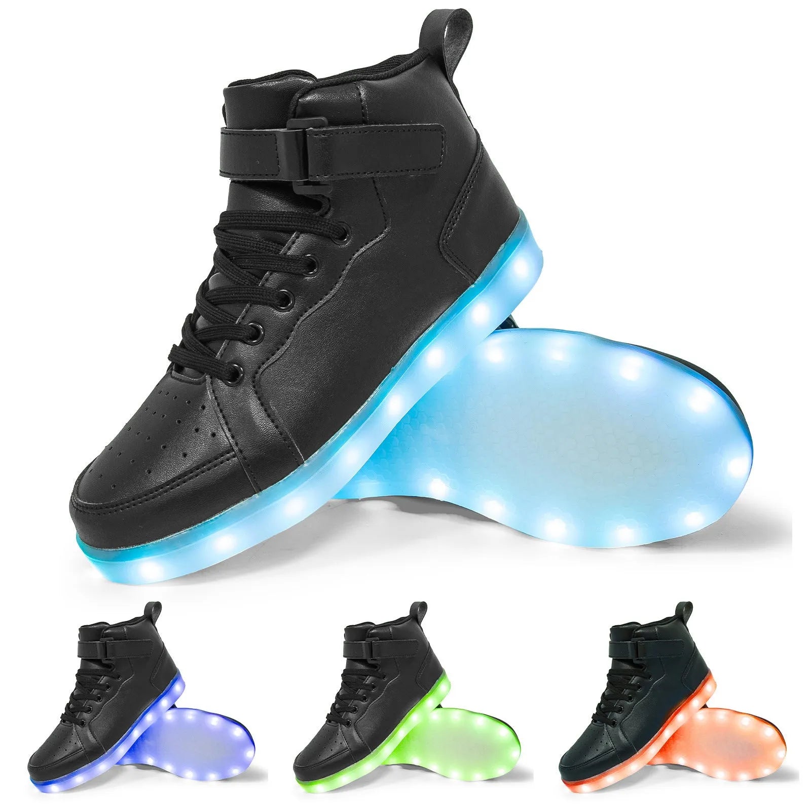 High-top trainer with LED lights on the side, Velcro strap closure, shown in gold colour.