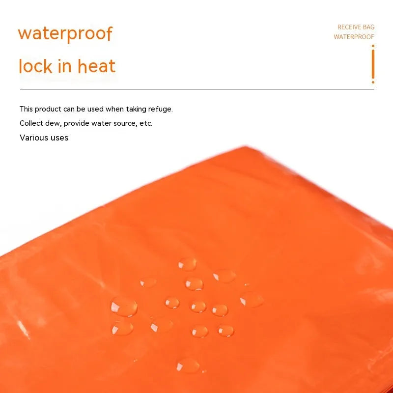 Portable orange emergency tent with sleeping bag and whistle for disaster relief camping