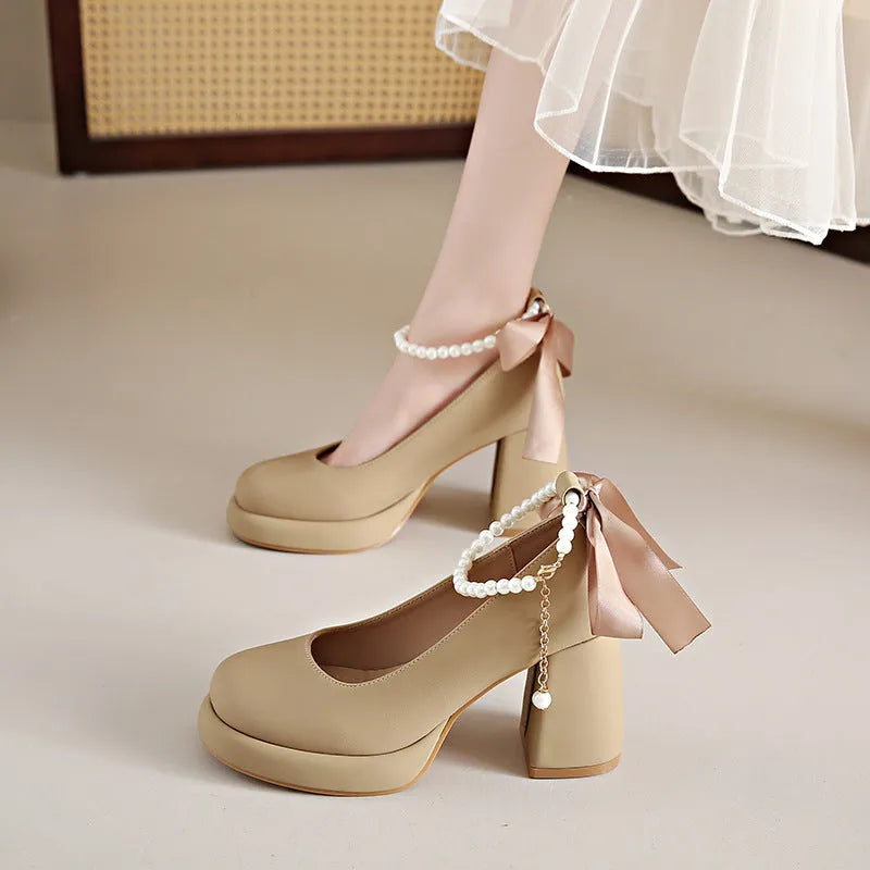 Women's Mary Jane shoes with ankle-strap buckle and chunky heel in beige, black, or milk tea colour
