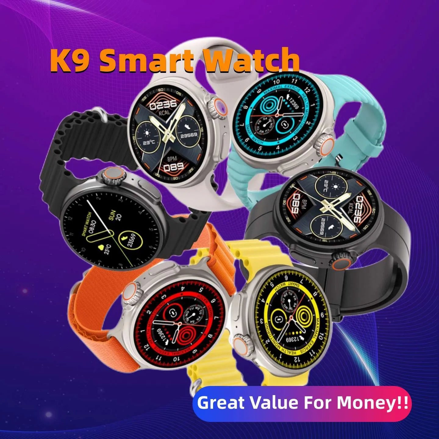 Black K9 smart watch with round screen on a silicone strap, showing a watch face with health metrics.