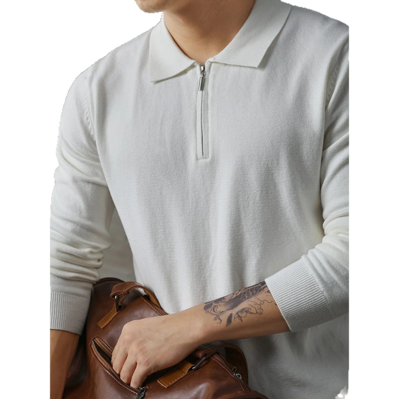 Men's loose-fit acrylic half-zip knitted long-sleeved polo shirt sweater in dark gray