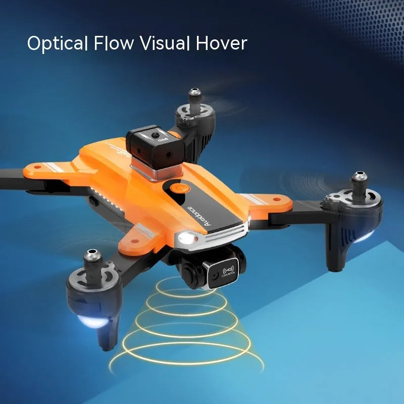 Orange quadcopter drone with four propellers and dual cameras showing obstacle avoidance sensors