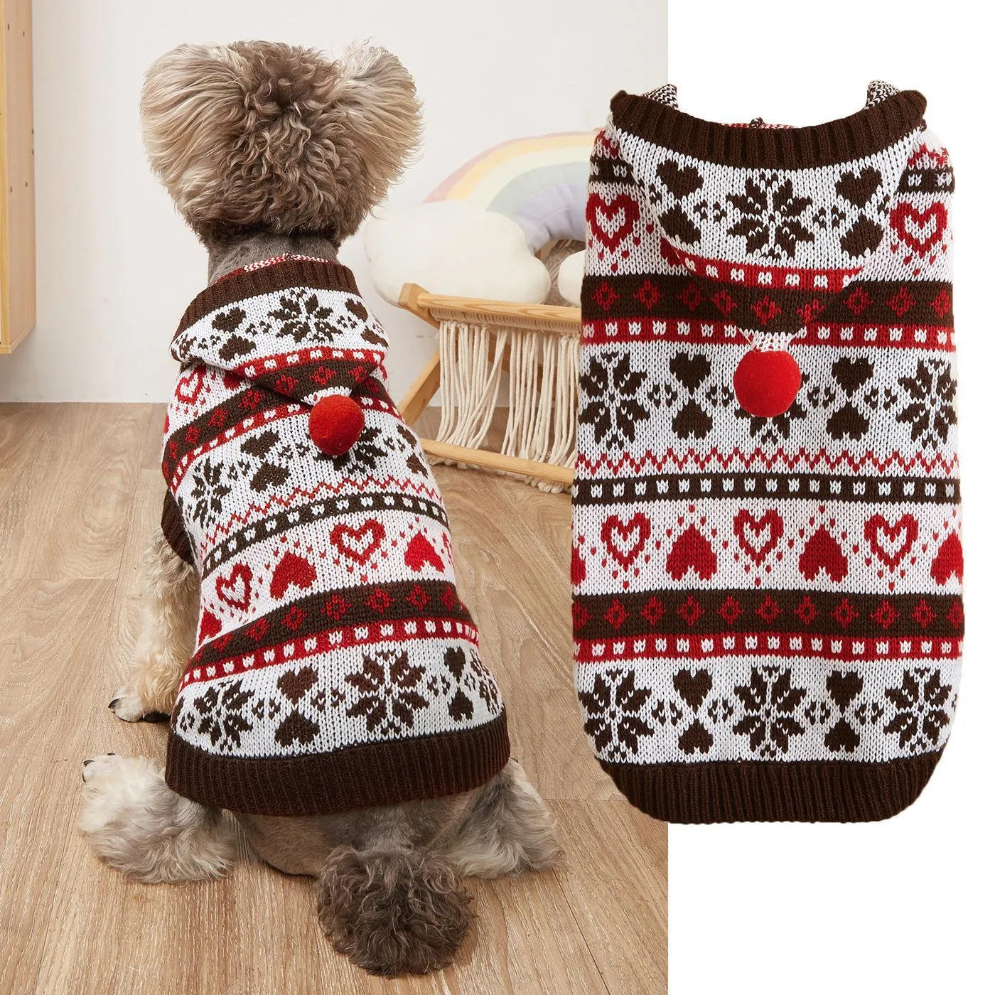 Pink knitted dog sweater with snowflake, love, stripe, and camouflage pattern on a small dog