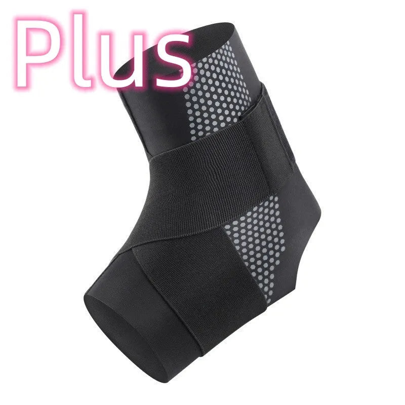 Black Lycra ankle support brace shown wrapped around an adult ankle.
