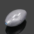 Olive green rugby-shaped fishing sinker with scale texture, showing plastic core construction and weight markings.