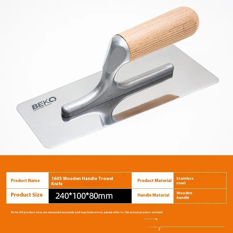 Stainless steel putty scraper with wooden handle for decorative floor and wall compound application