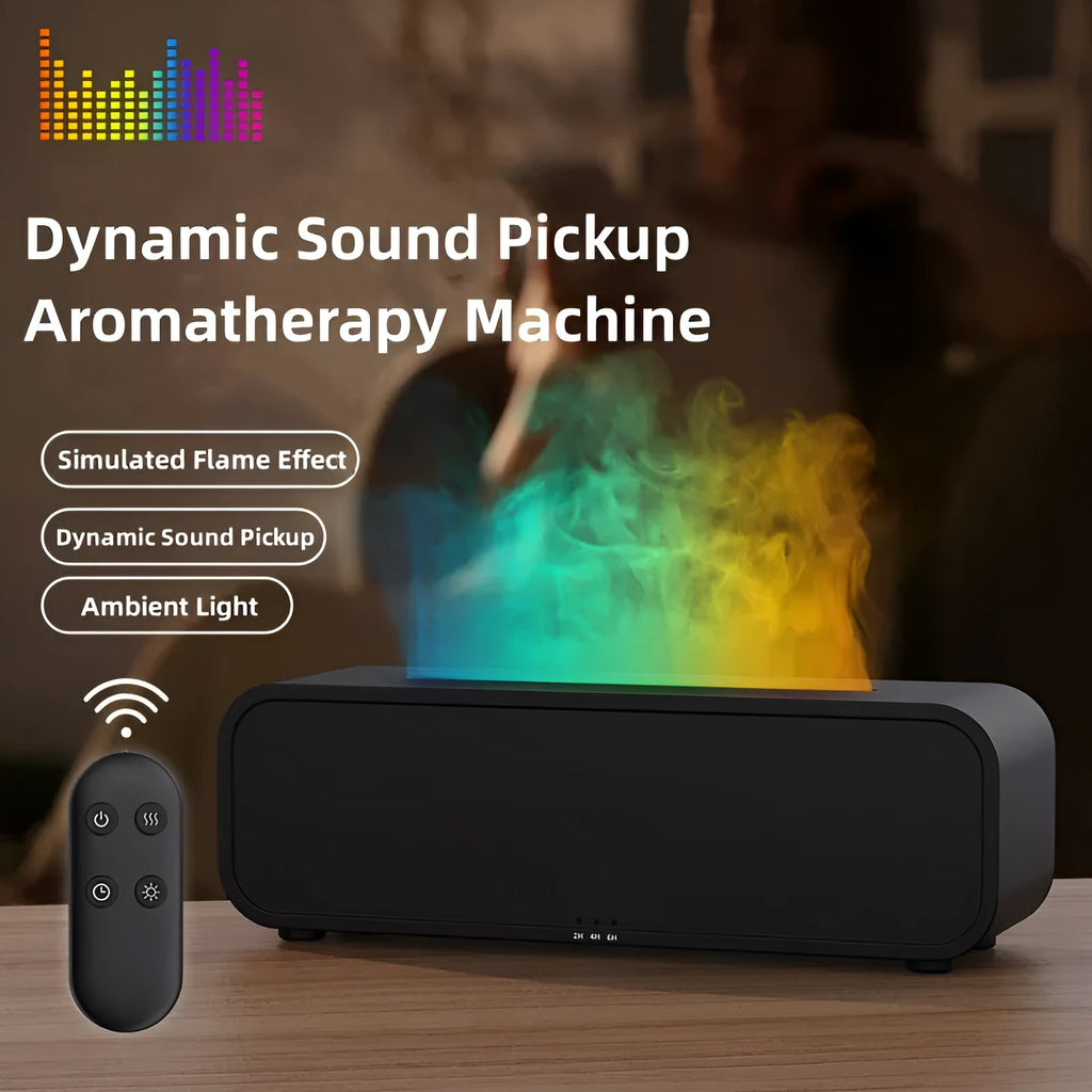 Black and white aroma diffuser with remote control, USB port, flame effect and colour-changing lights