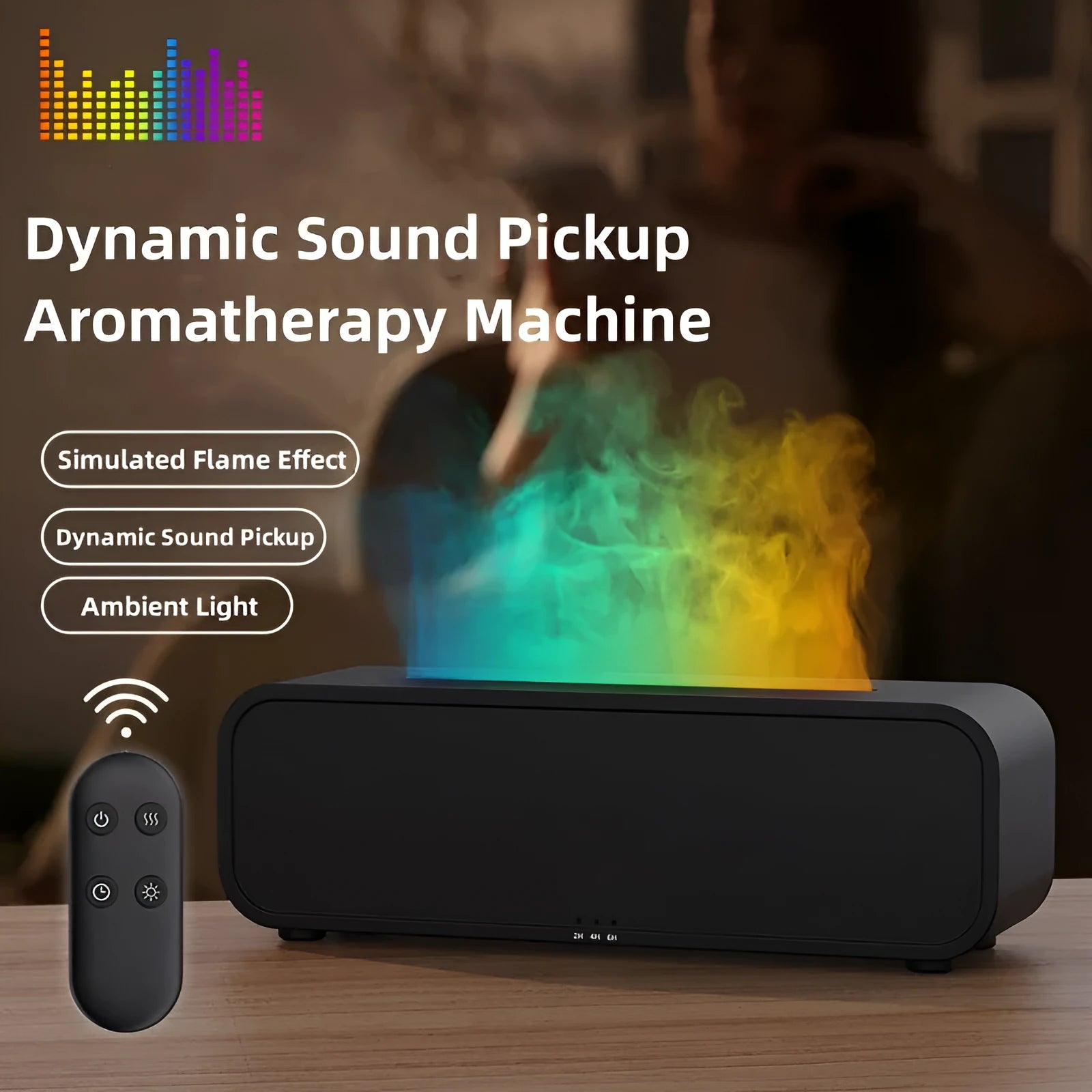 Black and white aroma diffuser with remote control, USB port, flame effect and colour-changing lights