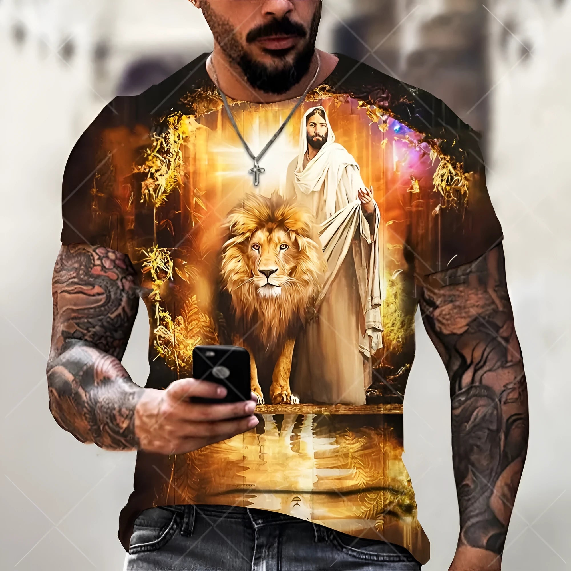 Men's grey t-shirt featuring a raised 3D printed Jesus Christ portrait on the chest.