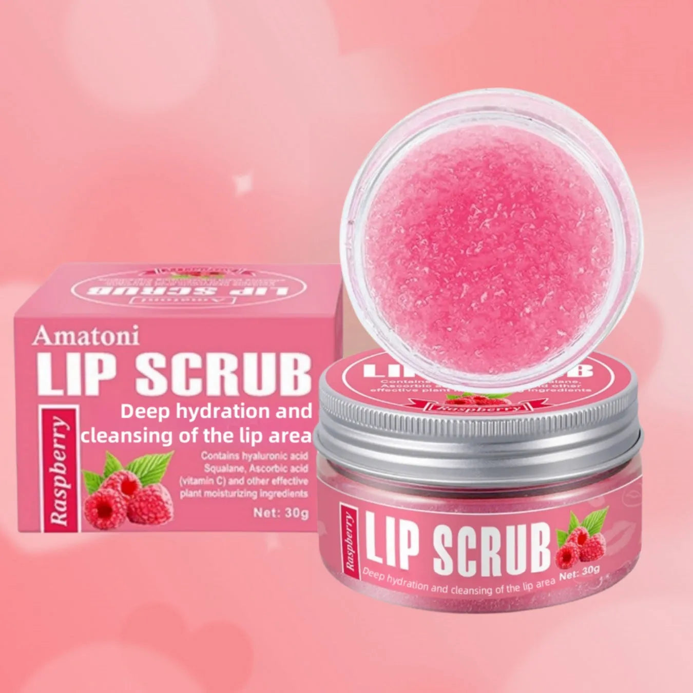 Amatoni lip scrub cream in 30g container with coconut, raspberry, vanilla, and watermelon flavour options