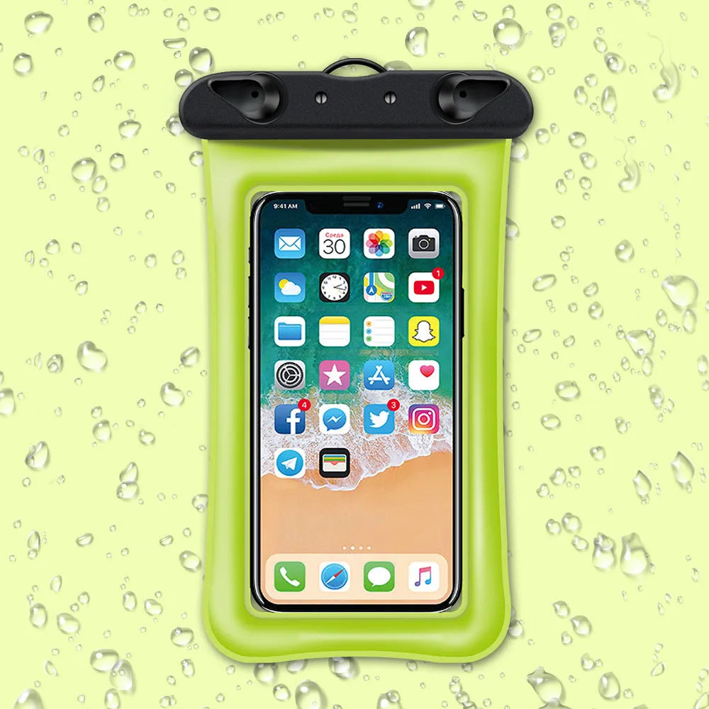 Orange waterproof phone pouch with clear window and black neck rope on a blue background.