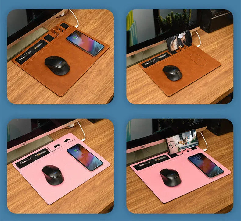 Pink wireless charging mouse pad with phone holder on a desk, showing USB cable connection