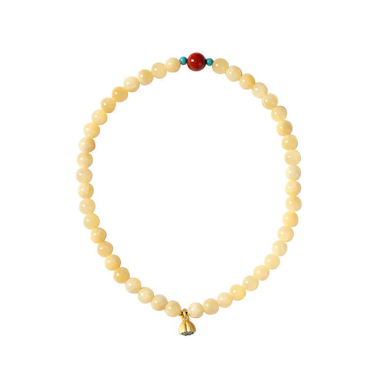 Yellow jade handmade double ring bracelet for women, retro topaz lotus seedpod design, 8mm and 6mm beads, hand-woven