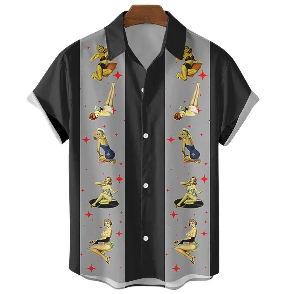 Man wearing a striped short-sleeve Hawaiian button-up shirt in a bright colour.